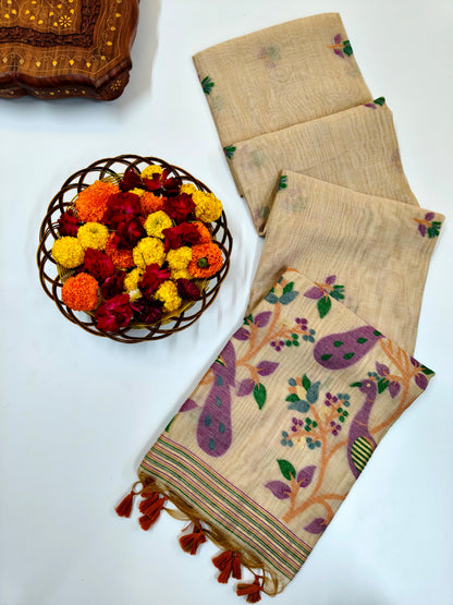 Signature Muga Cotton Saree with Peacock Inspired Pallu - WINE