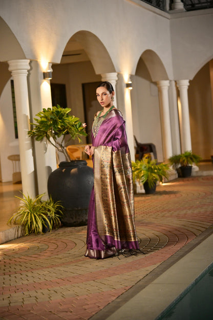Soft Raw Silk Madhubani Printed Pallu - WINE