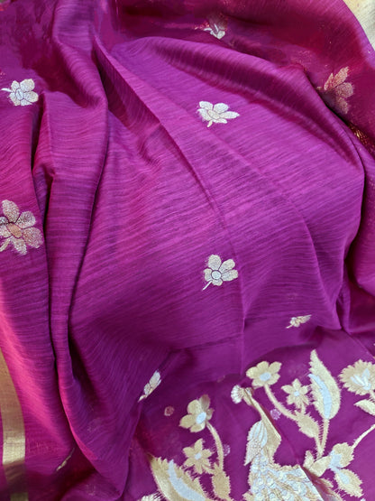 Pure Linen Saree with Antique Gold Floral & Peacock Zari Border - WINE