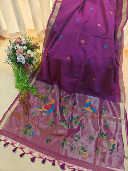 Pure Linen Saree With Zari Bird & Floral Pallu - WINE