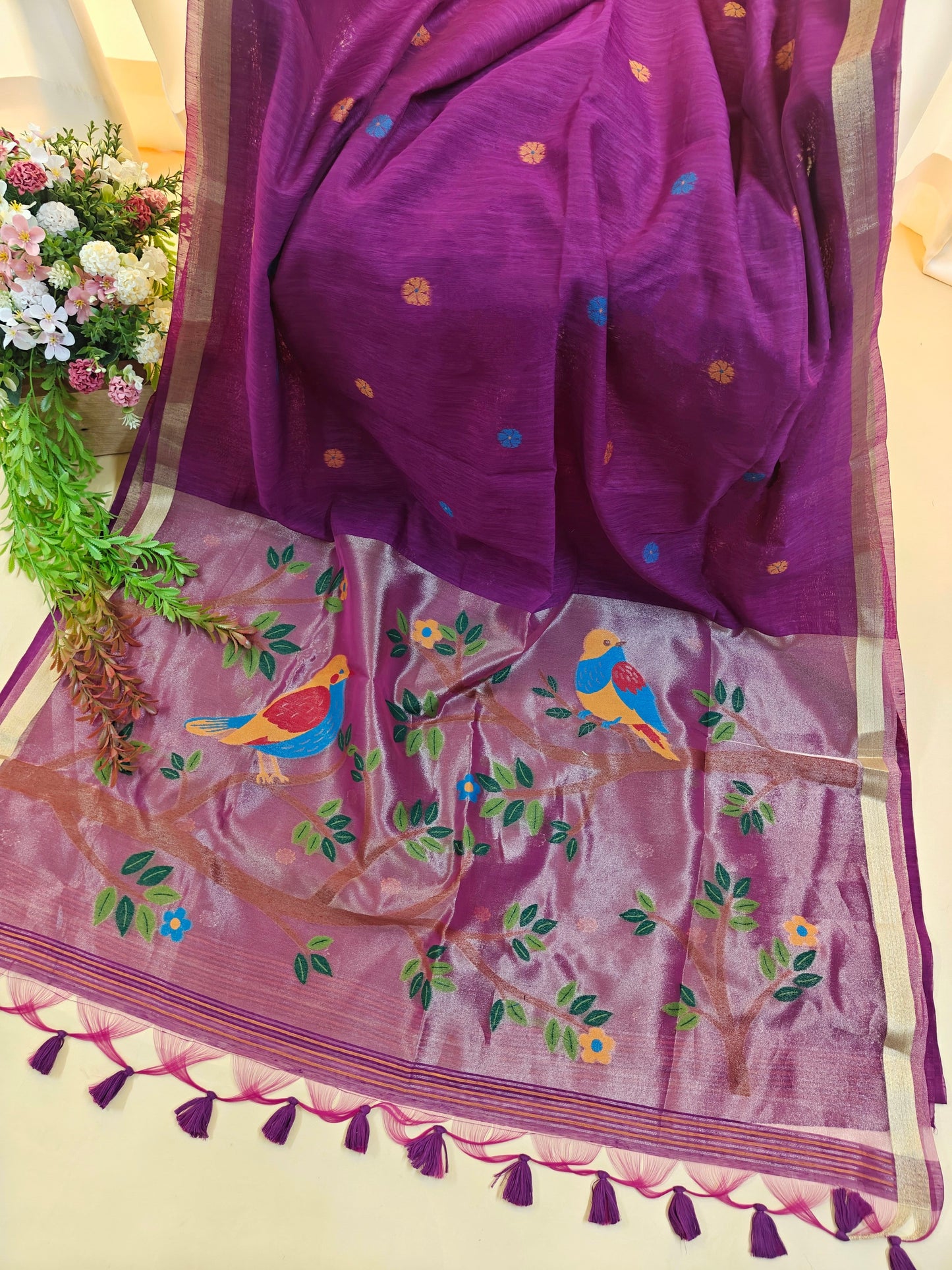 Pure Linen Saree With Zari Bird & Floral Pallu - WINE