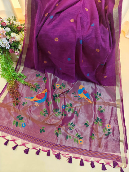 Pure Linen Saree With Zari Bird & Floral Pallu - WINE