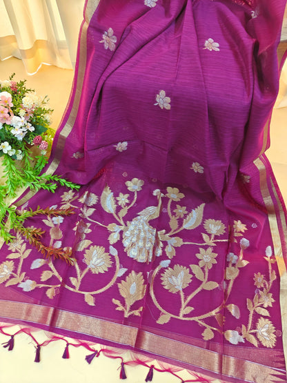 Pure Linen Saree with Antique Gold Floral & Peacock Zari Border - WINE