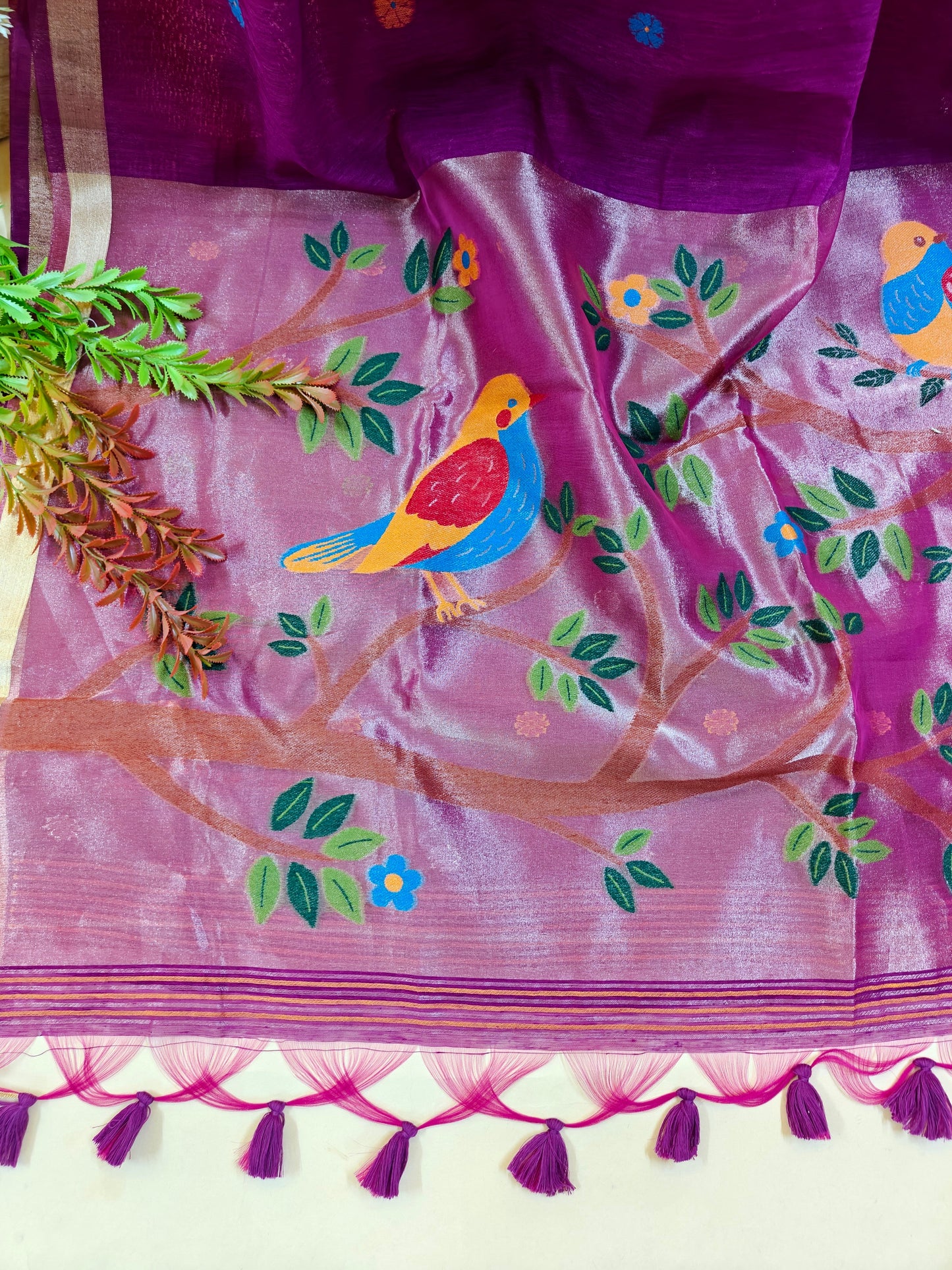 Pure Linen Saree With Zari Bird & Floral Pallu - WINE