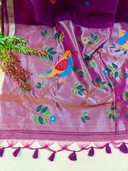 Pure Linen Saree With Zari Bird & Floral Pallu - WINE