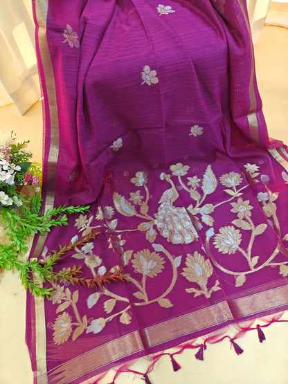 Pure Linen Saree with Antique Gold Floral & Peacock Zari Border - WINE