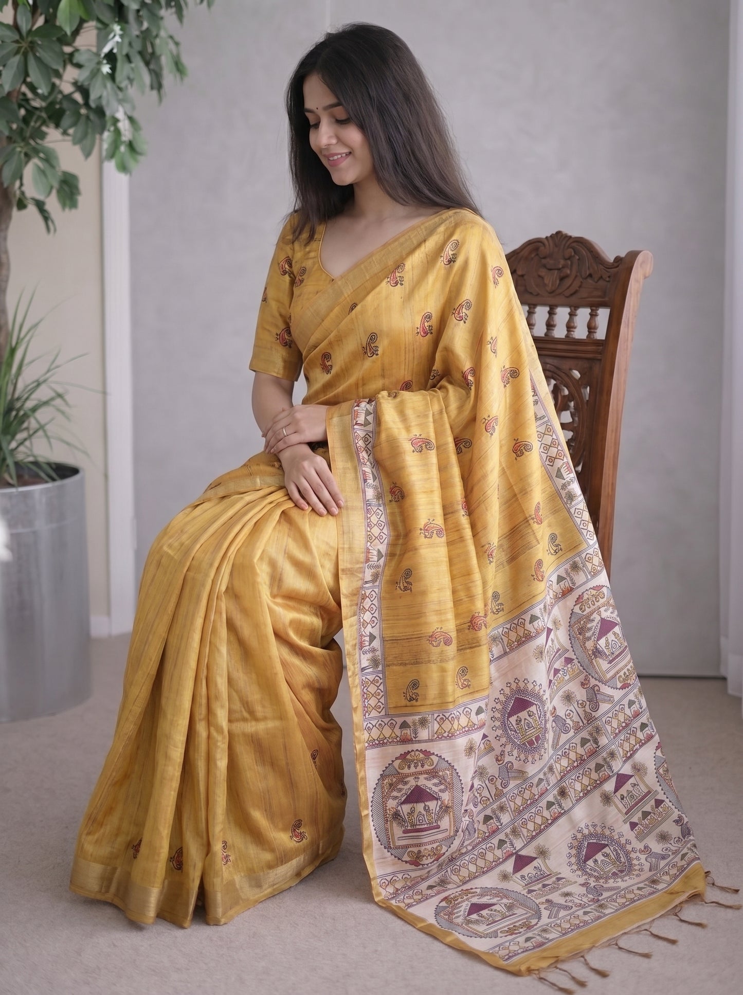 Tussar Silk Saree With  Warli Print Pallu - MEHENDI