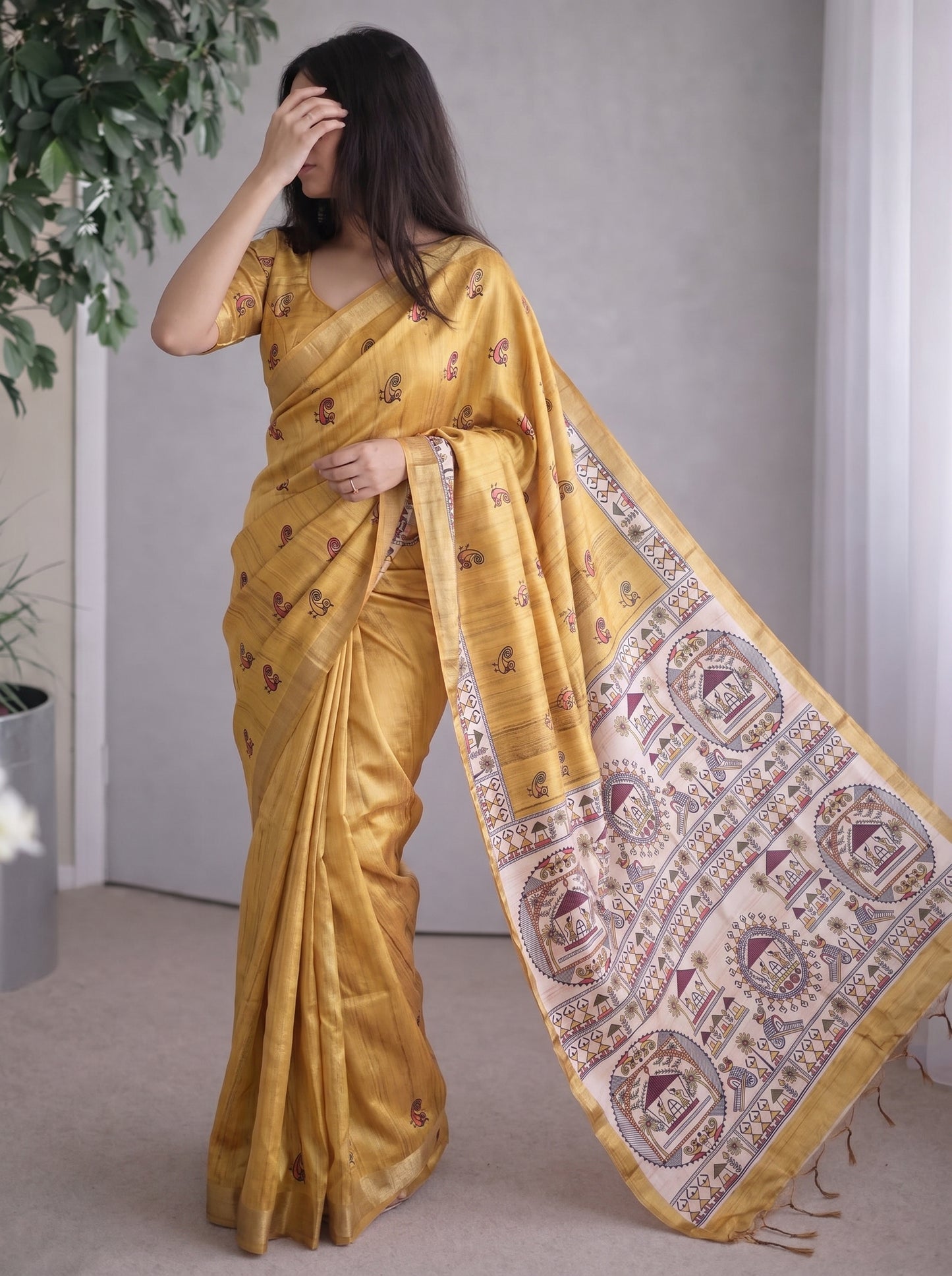 Tussar Silk Saree With  Warli Print Pallu - MEHENDI