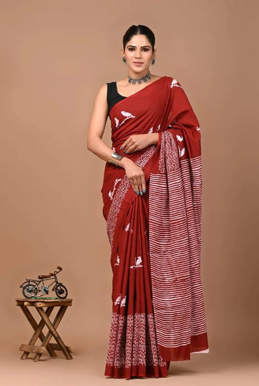 Red Artisan Print Soft Cotton Saree
