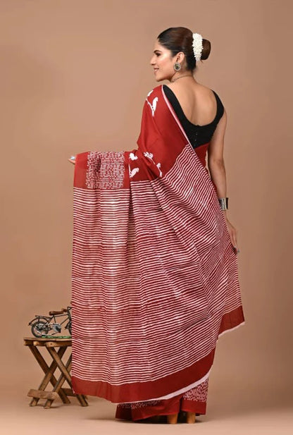 Red Artisan Print Soft Cotton Saree