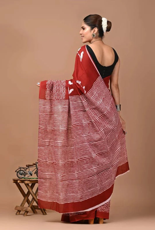 Red Artisan Print Soft Cotton Saree