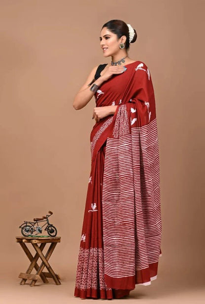 Red Artisan Print Soft Cotton Saree