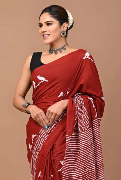 Red Artisan Print Soft Cotton Saree