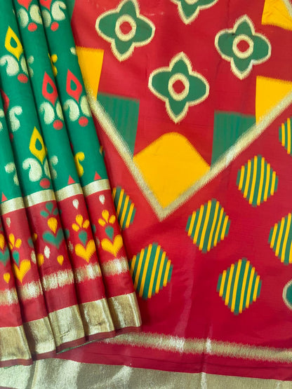 PURE SOFT POCHAMPALI IKKAT SILK SAREE -GREEN
