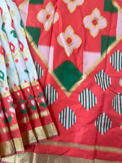 PURE SOFT POCHAMPALI IKKAT SILK SAREE -WHITE