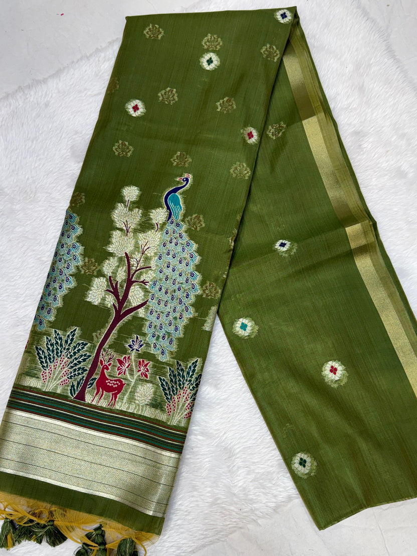 Soft Muga Cotton Maheswari Pattern Saree - Green
