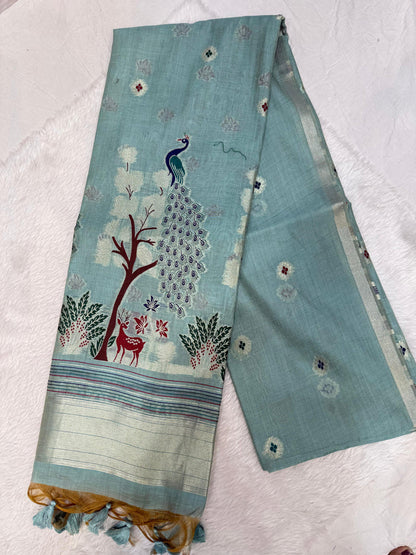 Soft Muga Cotton Maheswari Pattern Saree - Sky Blue