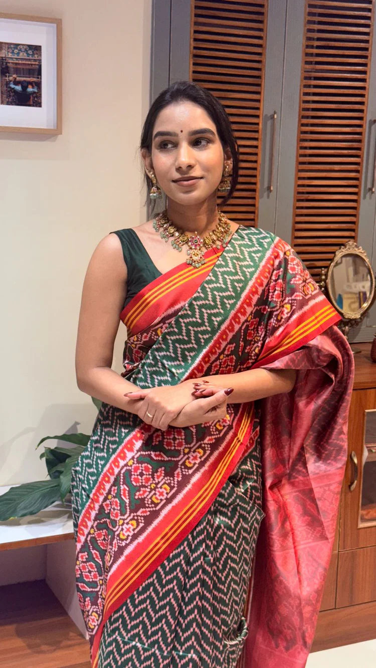 Soft Pure Patola Silk Double Ikat Printed Saree with Zari Stripe Border-GREEN