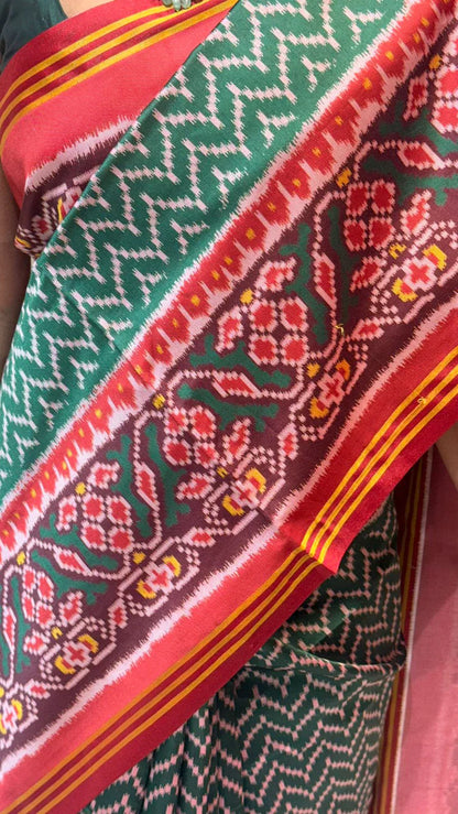 Soft Pure Patola Silk Double Ikat Printed Saree with Zari Stripe Border-GREEN