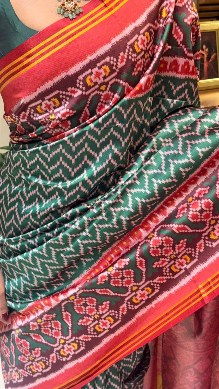 Soft Pure Patola Silk Double Ikat Printed Saree with Zari Stripe Border-GREEN