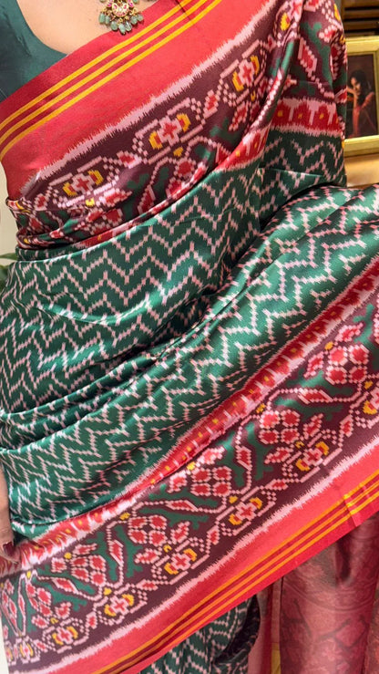 Soft Pure Patola Silk Double Ikat Printed Saree with Zari Stripe Border-GREEN