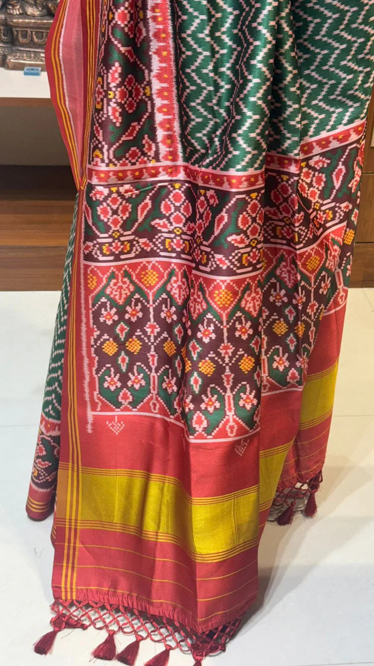 Soft Pure Patola Silk Double Ikat Printed Saree with Zari Stripe Border-GREEN