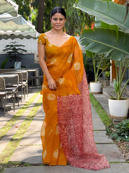 Handloom Organza Silk Saree In Kumo With Tesuji Shibori In Natural Dyed
