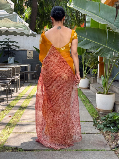 Handloom Organza Silk Saree In Kumo With Tesuji Shibori In Natural Dyed