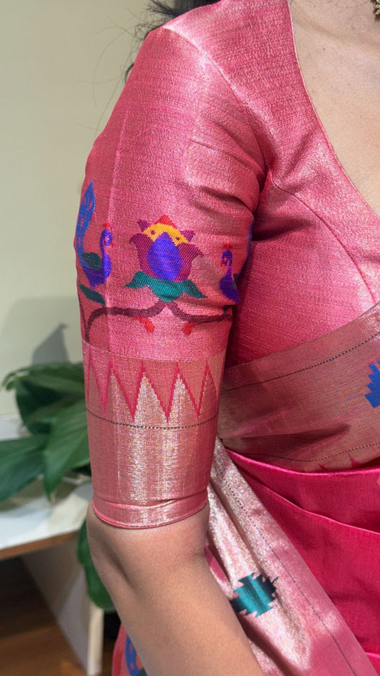 Raw Silk Woven Peacock Floral Heritage Saree- PINK