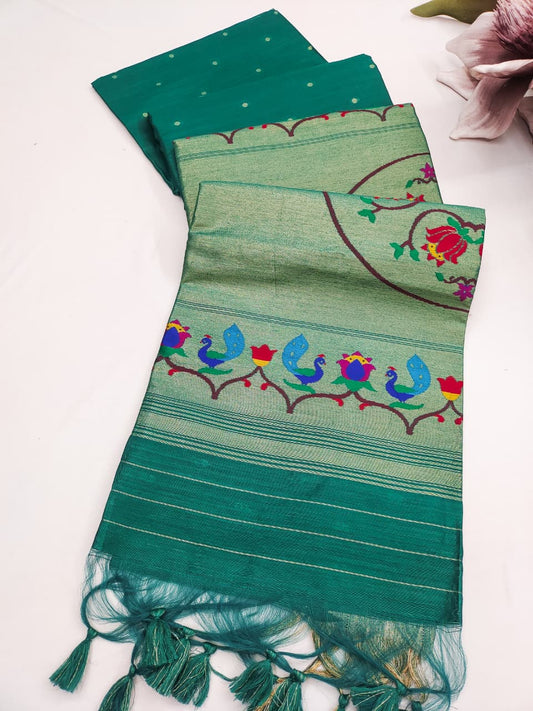 Raw Silk Woven Peacock Floral Heritage Saree- PISTA