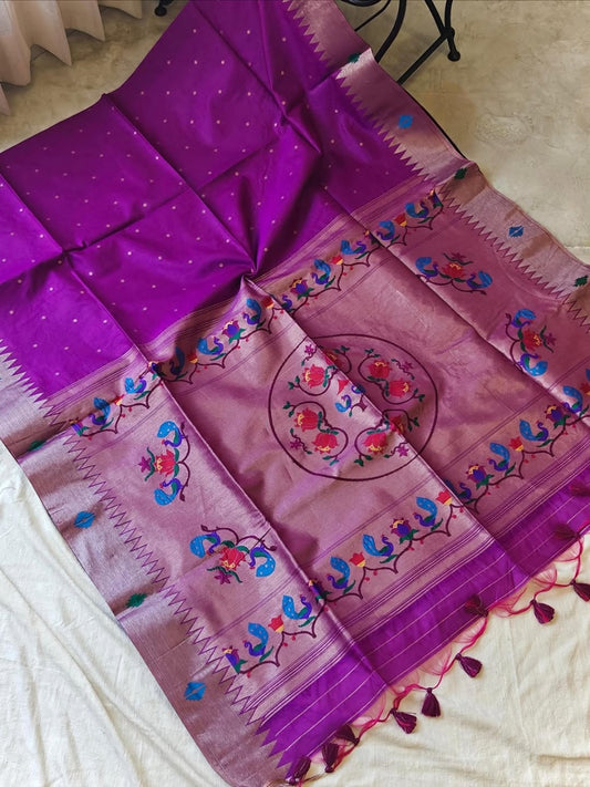 Raw Silk Woven Peacock Floral Heritage Saree- WINE