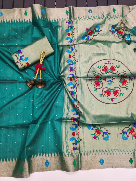 Raw Silk Woven Peacock Floral Heritage Saree- PISTA