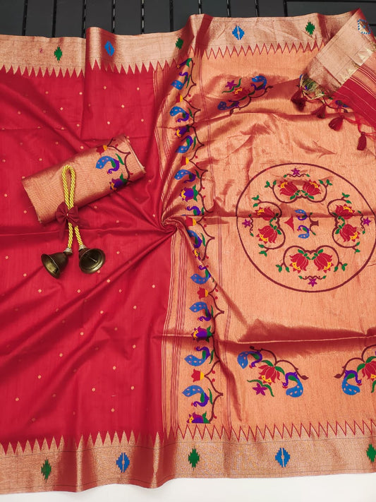 Raw Silk Woven Peacock Floral Heritage Saree- RED