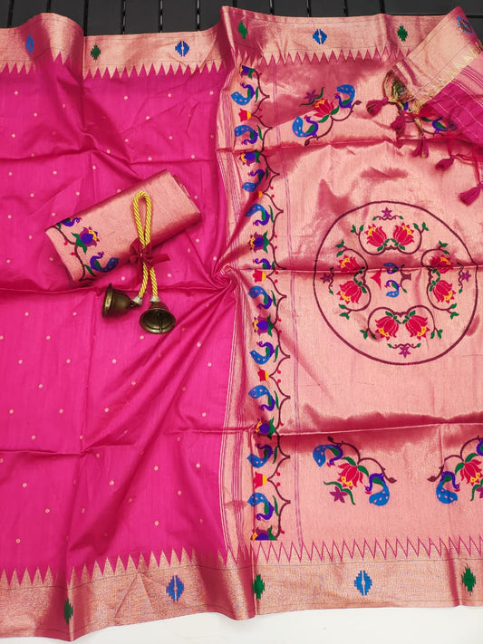 Raw Silk Woven Peacock Floral Heritage Saree- PINK