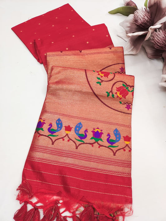 Raw Silk Woven Peacock Floral Heritage Saree- RED