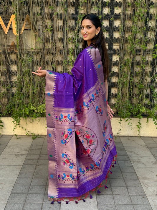 Raw Silk Woven Peacock Floral Heritage Saree- ROYAL BLUE