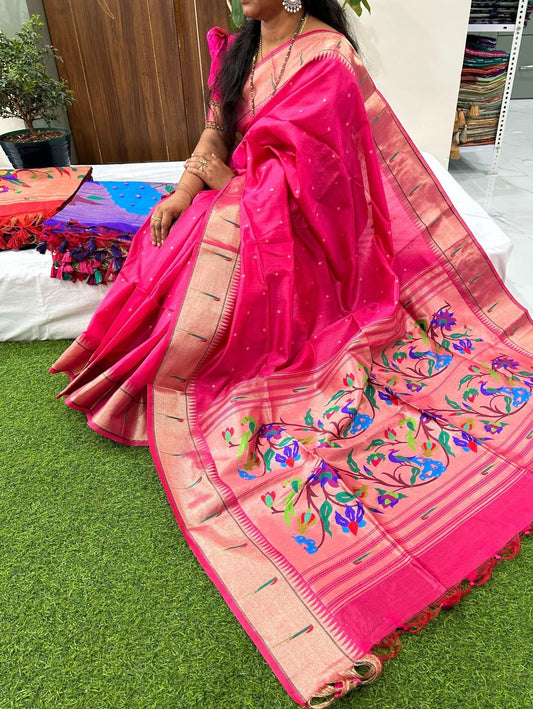 Raw Silk Saree with Intricate Woven Floral Design -PINK
