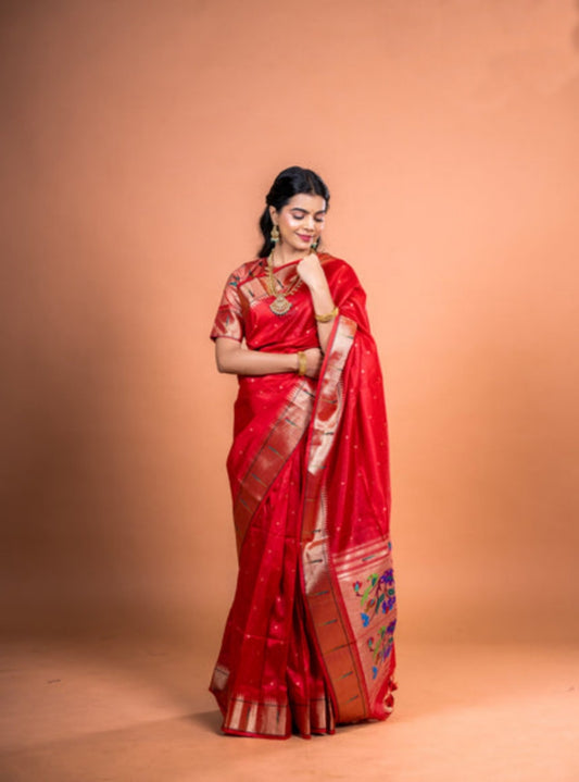 Raw Silk Saree with Intricate Woven Floral Design -RED