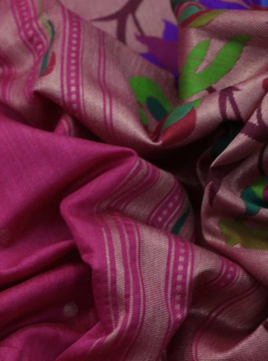 Raw Silk Saree with Intricate Woven Floral Design -PINK
