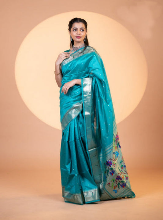Raw Silk Saree with Intricate Woven Floral Design -SKY BLUE