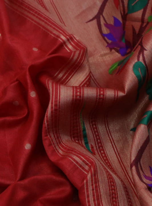 Raw Silk Saree with Intricate Woven Floral Design -RED