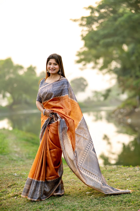 Graceful Linen Cotton Saree – Traditional Print=ORANGE