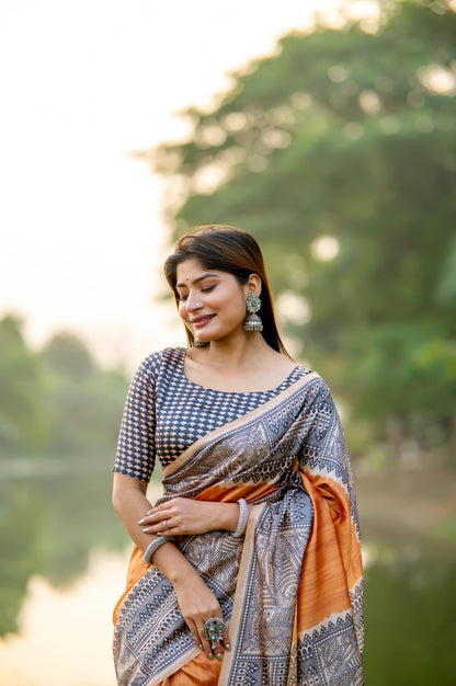 Graceful Linen Cotton Saree – Traditional Print=ORANGE