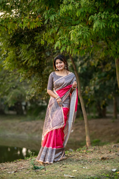 Graceful Linen Cotton Saree – Traditional Print=PINK