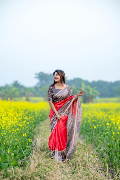 Graceful Linen Cotton Saree – Traditional Print=PINK