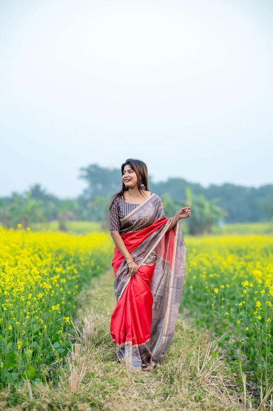 Graceful Linen Cotton Saree – Traditional Print=PINK