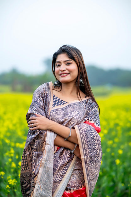 Graceful Linen Cotton Saree – Traditional Print=PINK