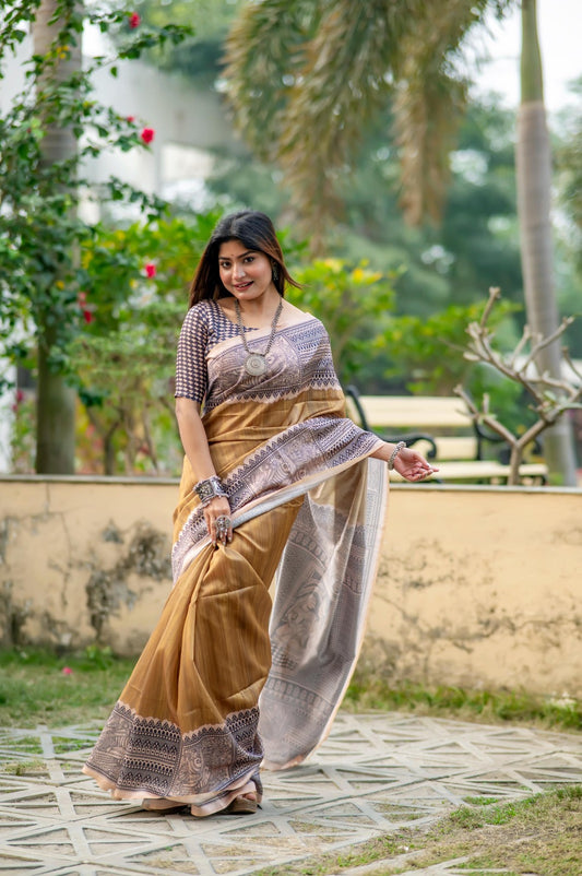 Graceful Linen Cotton Saree – Traditional Print=CHIKU
