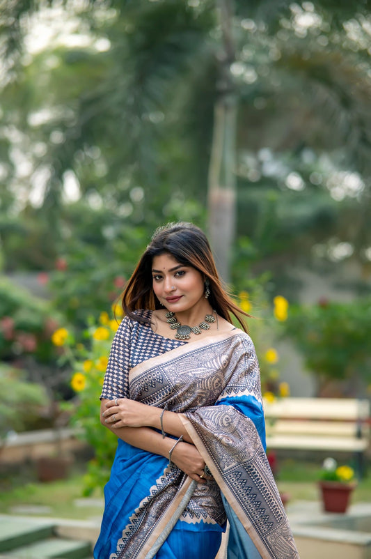 Graceful Linen Cotton Saree – Traditional Print=ROYAL BLUE