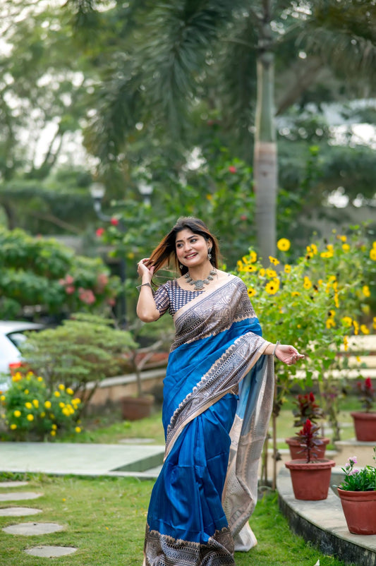Graceful Linen Cotton Saree – Traditional Print=ROYAL BLUE